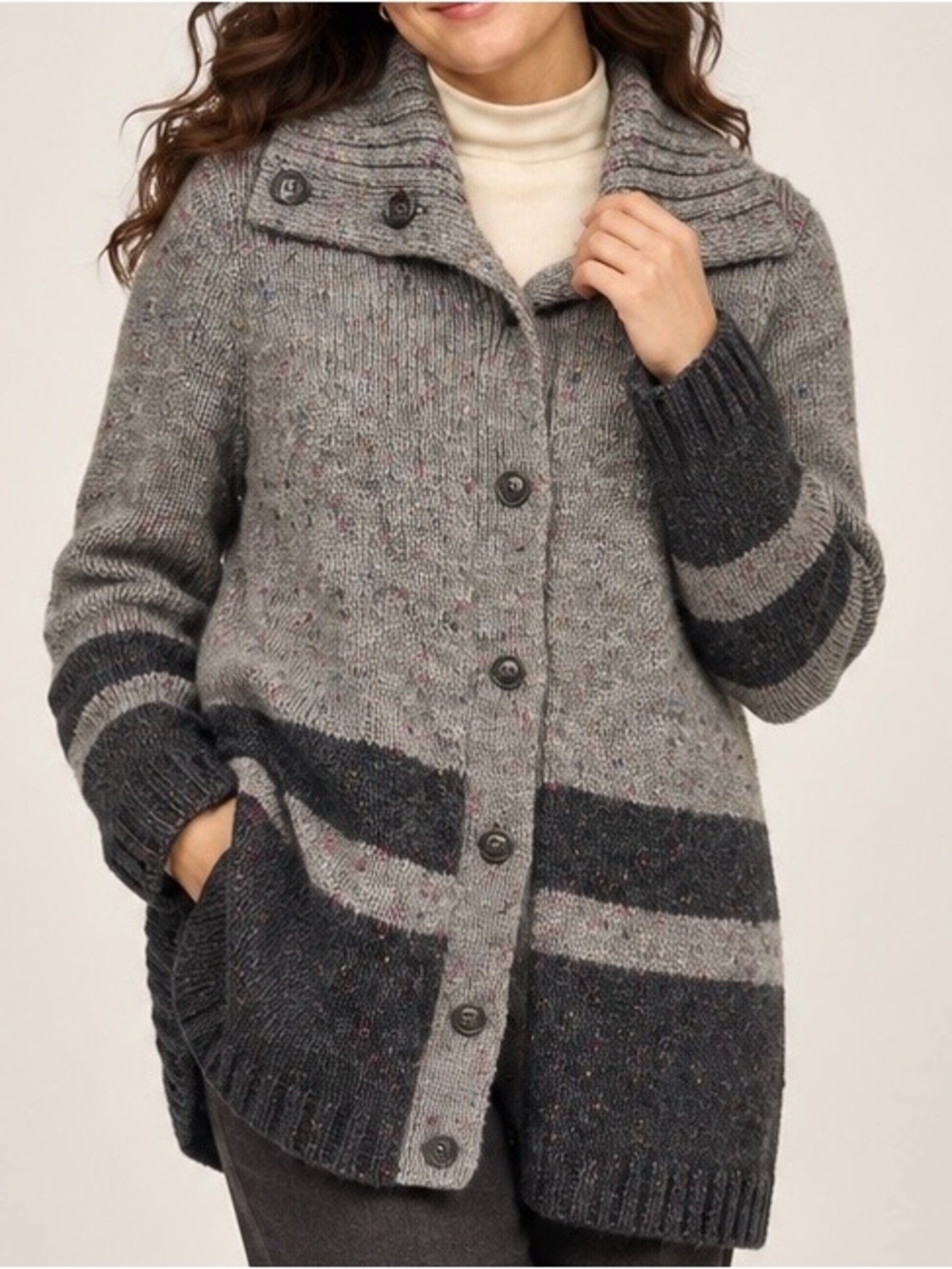 Talbots Gray & Dark Gray Button-Front Knitted Cardigan